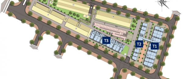 Mặt bằng tổng thể masterplan dự án nhà ở xã hội Quế Võ HillView với 3 tòa T1 T2 T3