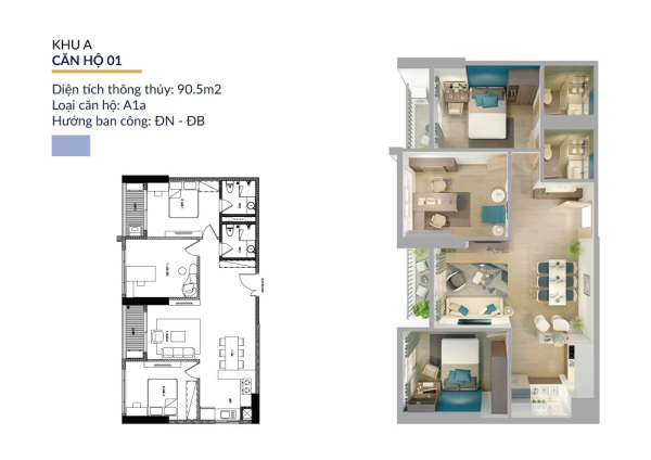 Mặt bằng căn hộ A1 diện tích 65-70m² tại Athena Complex với thiết kế 2 phòng ngủ