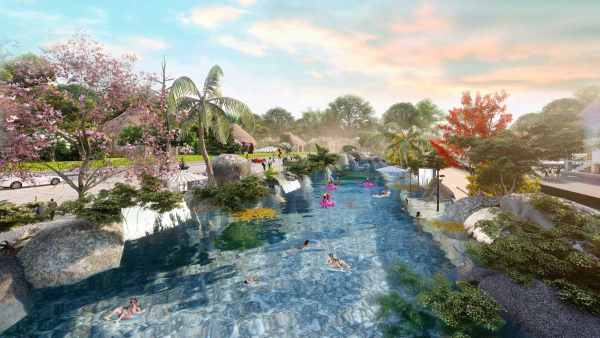 Phối cảnh hồ bơi ngoài trời trong khu vui chơi của dự án Eco Bangkok Villas Bình Châu