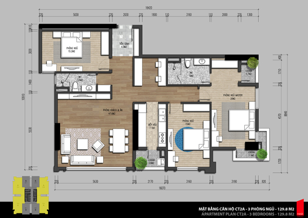 Mặt bằng căn hộ 3 phòng ngủ tòa CT2 block A dự án Iris Garden