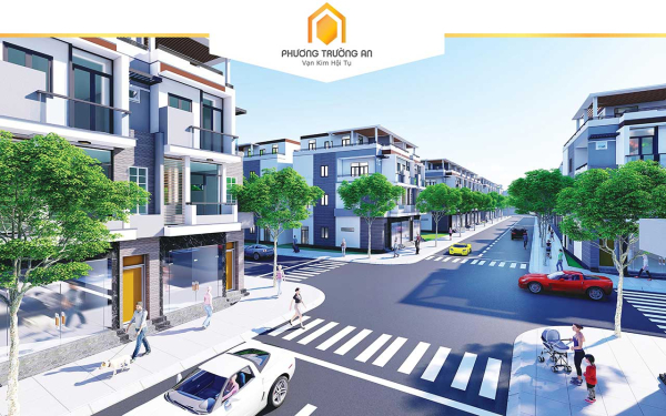 Phối cảnh hệ thống đường nội khu rộng rãi, cây xanh và đèn chiếu sáng hiện đại bên trong dự án đất nền Phương Trường An.