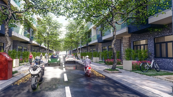 Phối cảnh đường nội khu và dãy nhà tại dự án Trường An Riverside