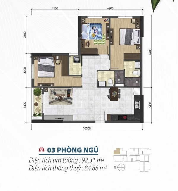 Thiết kế chi tiết căn hộ 3 phòng ngủ tại dự án Saigon Asiana