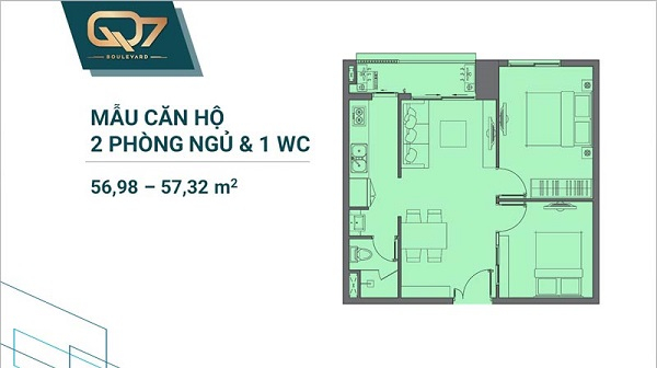 Thiết kế chi tiết mẫu căn hộ 2PN và 1WC tại dự án Q7 Boulevard