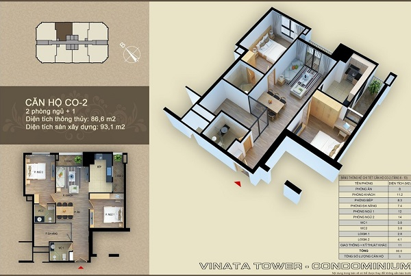 Thiết kế chi tiết căn hộ 2 phòng ngủ dự án Vinata Tower