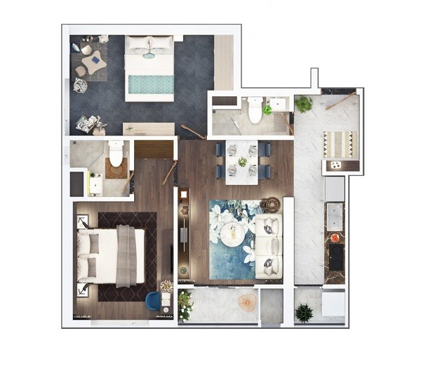 Thiết kế chi tiết căn hộ 2 phòng ngủ diện tích 68.7 m2 dự án The Terra An Hưng