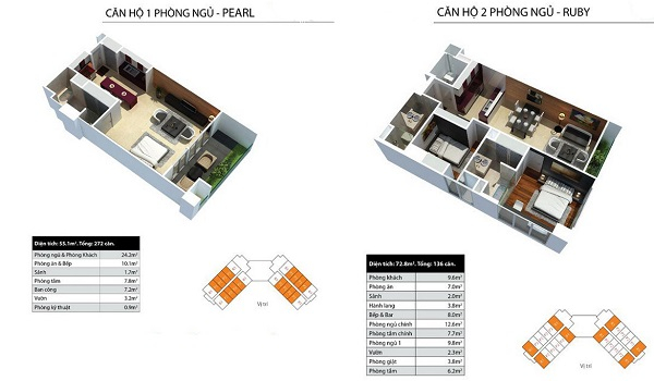 Thiết kế chi tiết căn hộ 1 phòng ngủ, 2 phòng ngủ và 3 phòng ngủ dự án Peninsula